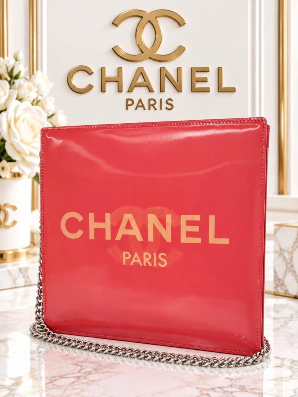 Authentic Chanel Paris Logo Red Vinyl Chain Shoulder Bag Tote Clutch Vintage